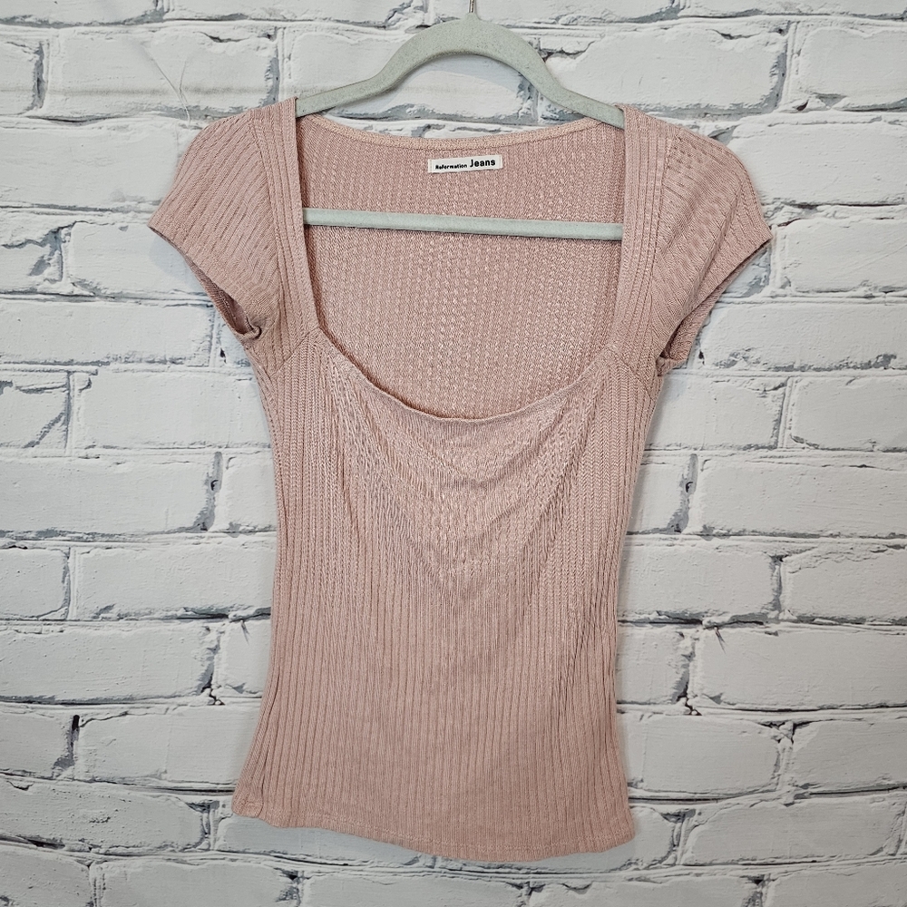 Reformation Bardot Rib Knit Top In Pink - Picture 2 of 8
